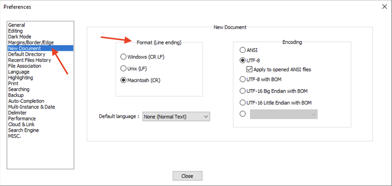 Notepad++ new documents format - line ending